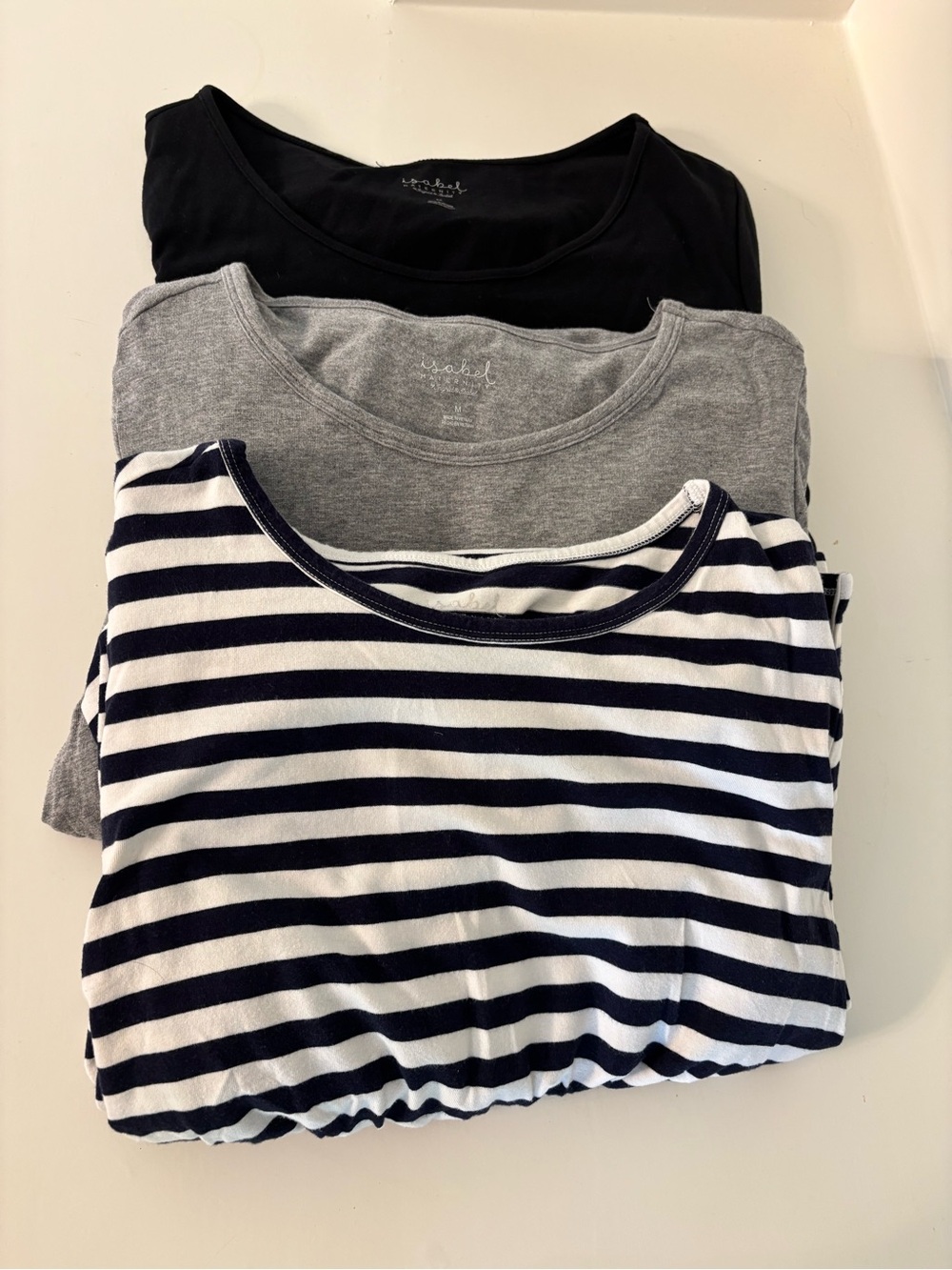 Set of 3 Maternity Dresses - Casual Scoop Neck - Navy Stripe, Gray, Black - M